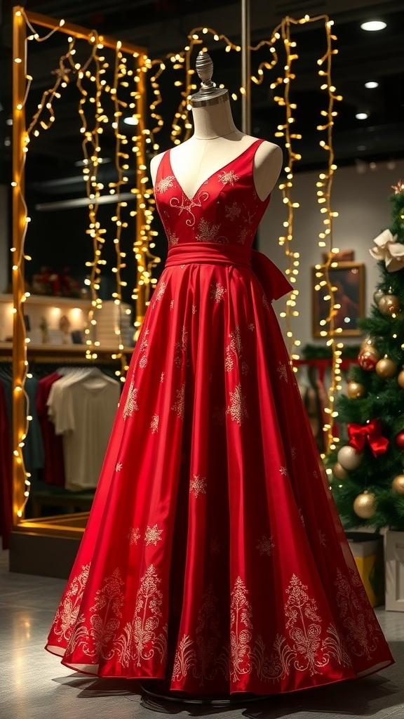 Elegant Christmas Maxi Dress An elegant Christmas maxi dress in red with gold accents, displayed with holiday decorations.